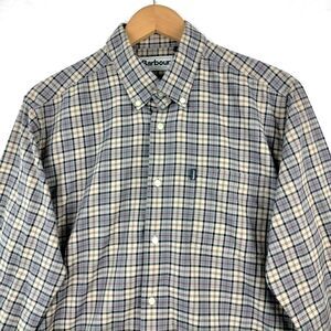 Barbour Shirt Mens Medium Tan Blue Malcolm Tartan Plaid Tailored Fit Button Down